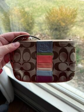 Coach Brown Signature Canvas Wristlet with Multicolor Stripe
